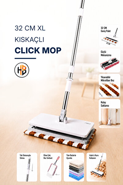 HOBİLON 32 Cm XL Click Mop - Tüm Bezlere ve Islak Havlulara Uyumlu Kıskaçlı M...
