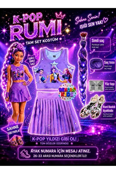 bemora kids kpop huntrix mor etek bluz alt üst 2 li takım şort etek +rumi mor...