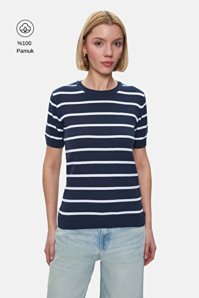 UCLA Tricou pentru femei MISHA, cu dungi bleumarin, cu decolteu, brodat, cu p...