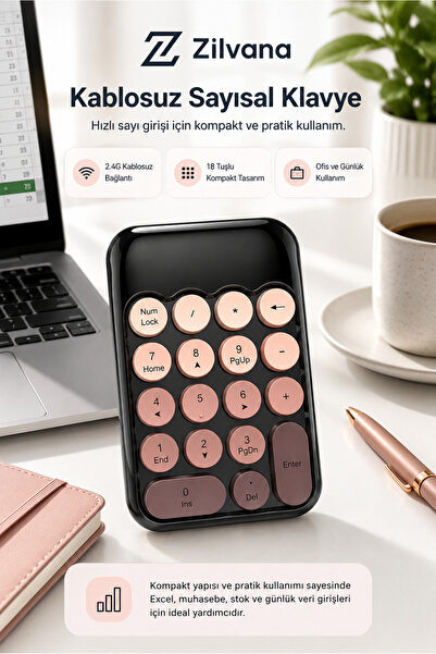 Zilvana Klyvera MOFii Kablosuz Sayısal Tuş Takımı USB Alıcılı Numpad Pembe Siyah