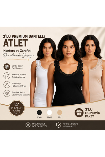 Twentyipek 3’lü Askılı dantelli %100 Pamuklu Ekonomik ve Uygun Atlet