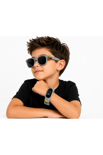 Rodium Children's Wristwatch Led Watch and Glasses Set with Gray Scoop Emoji