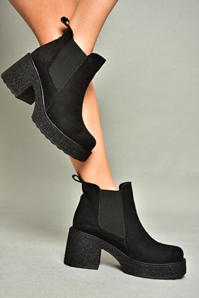 Fox Shoes T996220002 Ghete de damă din piele intoarsa neagra cu toc gros