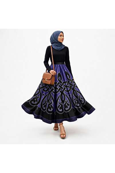 Muslima Wear Zirve Mavi Siyah Oyma Desenli İpeksi Dokulu Şifon Etek