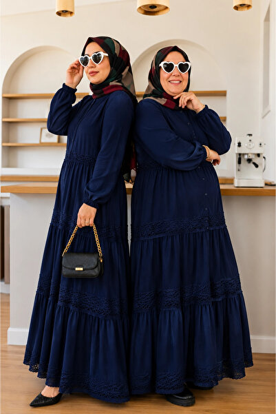 AZRA BUTİK Magnolia Pattern Lace Detailed Dress Navy Blue