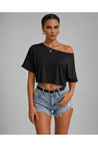 KİM Kİ O KADIN KAYIK YAKA CROP TOP TEK OMUZ CROP ASİMETRİK CROP