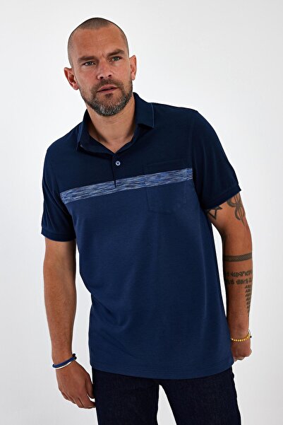 ENQUE Men's Basic Polo Neck Pocket Short Sleeve Navy Blue T-Shirt