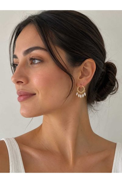 YAĞMURR İnci Küpe Halka Sallantı Model Gold Altın Çelik