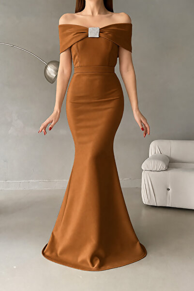 Deafox Brown Madonna Neckline Stone Detail Maxi Length Scuba Fabric Mermaid E...