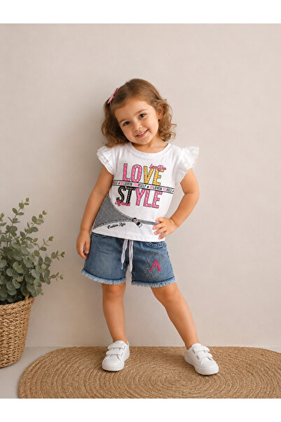 minilkabebe Love Style Taşlı Güpürlü Kot Şort+Tişört Kız Takım Beyaz