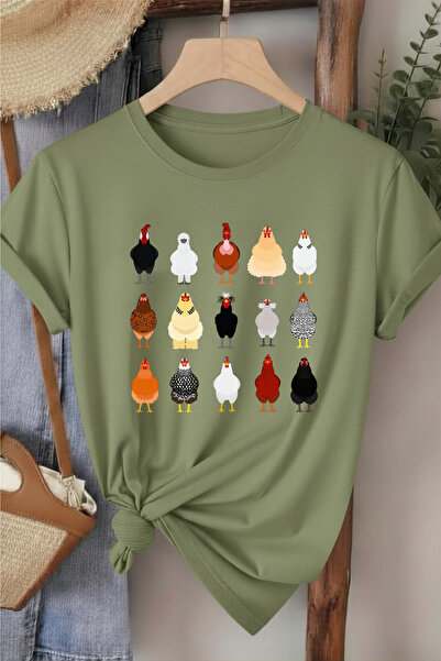 l'eivor Γυναικείο μπλουζάκι χακί με στάμπα Rooster & Chicken