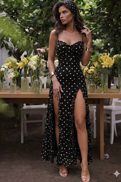 Tayt Factory Μακρύ φόρεμα με λεπτές τιράντες και διπλό σκίσιμο, πουά, βασικό ...