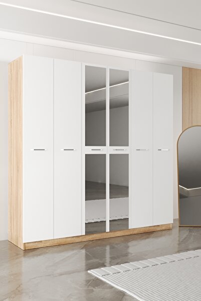 AEKA AE-2191 Hisar Sonomo/Beyaz Aynalı 6 Kapaklı Çok Bölmeli Askılı ve Raflı ...