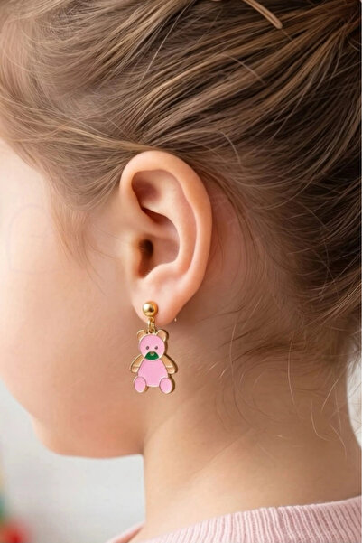 SEVGİLİ TAKI Children's Steel Earrings with Pink Teddy Bear - Fluffy Series
