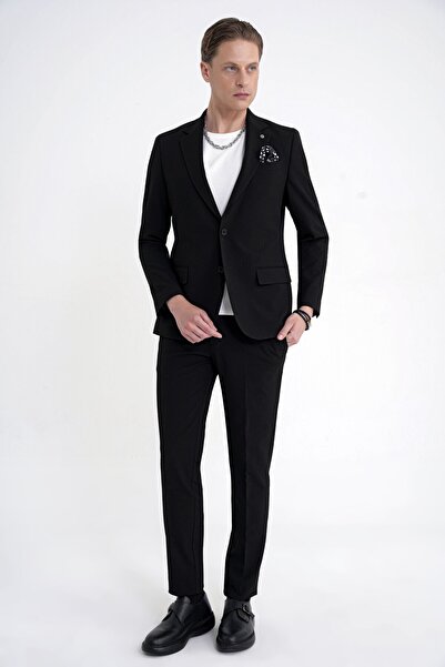 Efor Slim Fit Çift Yırtmaç Gofre Kumaş Esnek Siyah Spor Takım Elbise TK 940