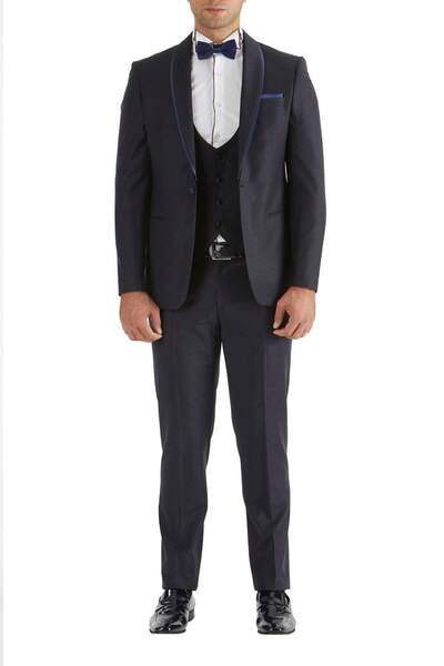Efor Slim Fit Removable Satin Shawl Collar Navy Blue Groom's Tuxedo Suit Blac...
