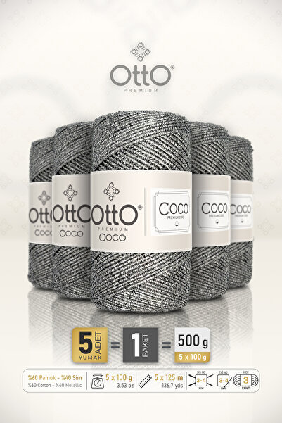 Otto Coco - Ασημί - Πακέτο 5 τεμαχίων - 2mm/100gr/125m - Βαμβακερό κορδόνι με...