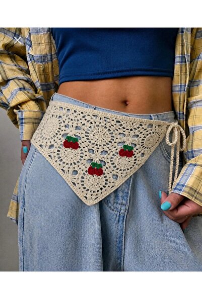 synshop Kirazlı Krem Örgü Desenli Üçgen Bel Bandanası Kadın Bohem Vintage Yaz...