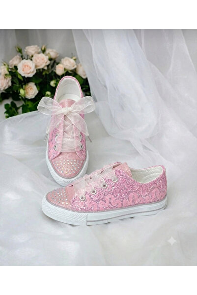pediashoes Girl's Pink Color Stone Lace-Up Stylish Shoes
