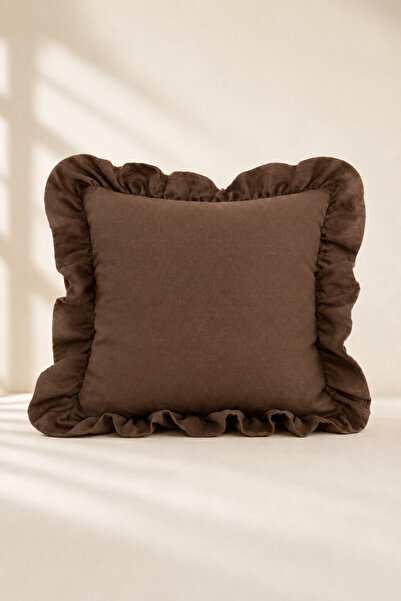 tab-linnn Pera Cotton Linen Ruffled Brown Throw Pillow - Rustic, Hand-Stitche...