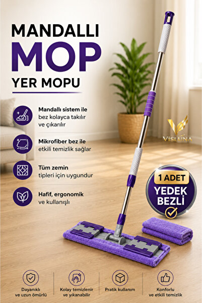 VİSLUNA (+1 Yedek Bez Hediyeli ) Mikrofiber Mandallı Mop Pratik Cam Duvar Yüz...
