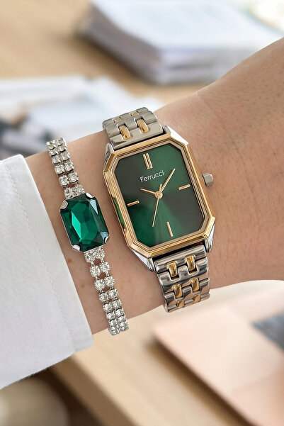 Ferrucci Bileklik Hediyeli Altın/Metalik Yeşil Kadran Kadın Kol Saati 29 mm D...