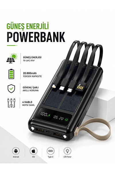ÇELİKWORK 30.000 mAh Güneş Enerjili Powerbank 2 USB Type-C Lightning Mikro Ka...
