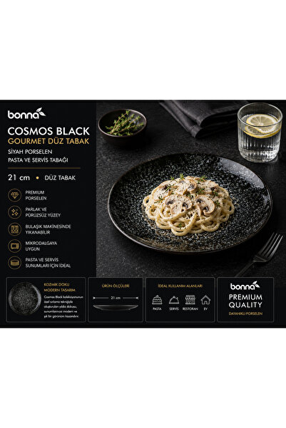Bonnami Bonna Cosmos Black Gourmet Düz Tabak 21 cm - Siyah Porselen Pasta ve ...