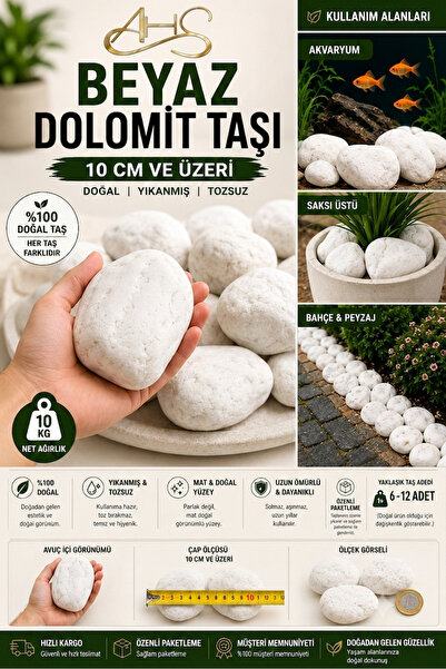 AHS Beyaz Dolomit Taşı 10 Kg 6-10 Cm Dekoratif Çakıl Taşı | Bahçe Peyzaj Saks...