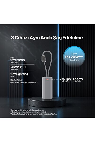 Ttec ReCharger Pro TFT 15.000mAh PD 20W USB-C ve Lightning Dahili Kablolu Taşınabilir Hızlı Şarj Aleti Powerbank 2BB280UG