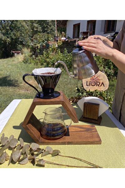 Lioracommerce Ahşap V60 Kahve Demleme Dripper Seti, Kahve Pot ve Filtre Kağıd...