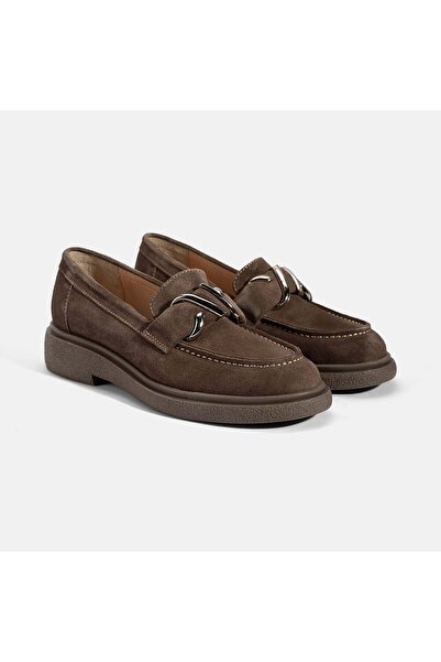 Desa Women's Brown Suede Loafer with Metal Buckle Detail