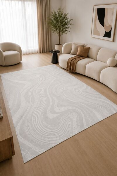 Serente Home Soyut Desenli Yıkanabilir Kaymaz Taban Şönil Gri Salon Halısı 4021
