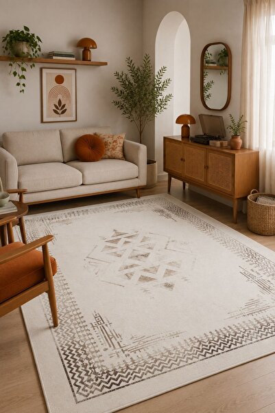 Serente Home Otantik Desenli Yıkanabilir Kaymaz Taban Şönil Krem Kahverengi M...