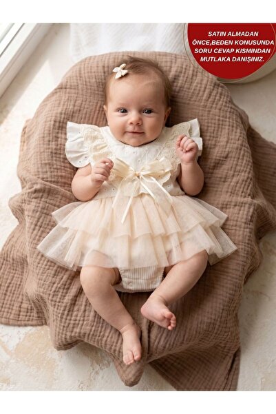 aysskids LİANA Krem Yumuşak Tütü Romper Kısa Kollu Kız Bebek Elbise