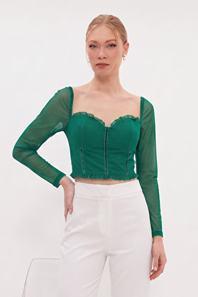 Fulla Moda Tül Detaylı Kalp Yaka Crop Bluz