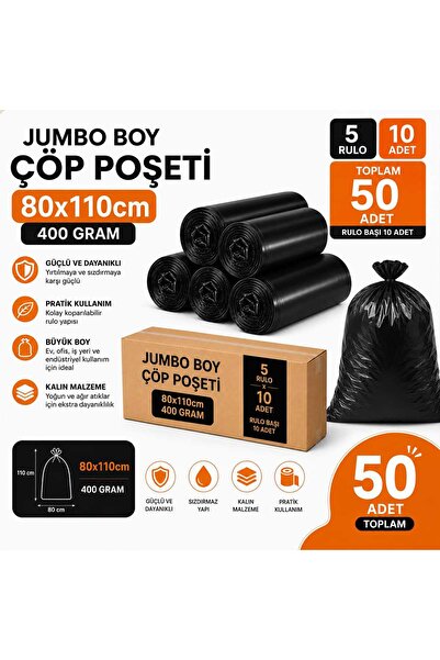 New City 80x110 cm 90 Litre Jumbo Boy Çöp Torbası 50 Adet Siyah Dayanıklı End...