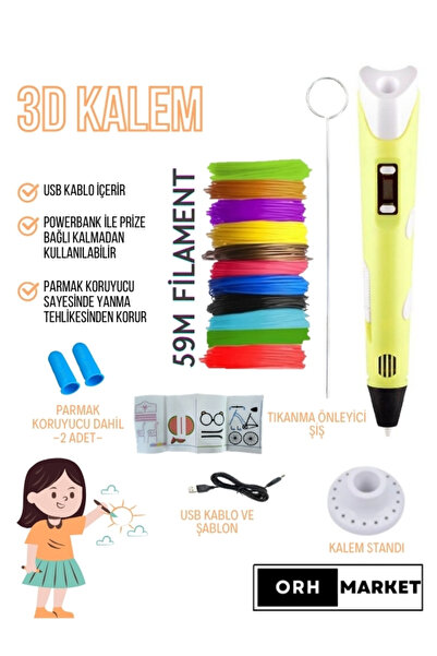 ORH Market SARI 3d Kalem 3d Pen Yazıcı Kalem – Çok Renkli PLA Filament (TOPLA...