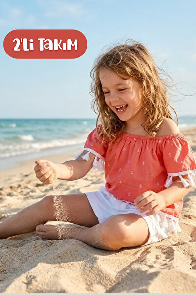 Hilal Akıncı Kids Girl's Tassel Detailed Off-Shoulder Blouse and White Shorts...