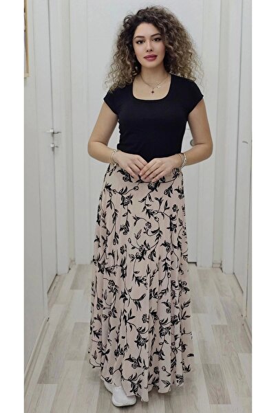 lodmela Bel Lastikli Flok Baskılı Kloş Şifon Etek 6003-Siyah/Pudra