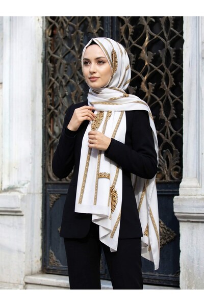Vissona KREP ZİNCİR DESENLİ KREM RENKLİ 75X195 KIRIŞMAZ ŞAL