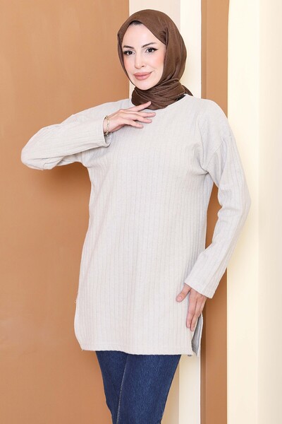 TOFİSA İnterlok Yırtmaçlı Tunik - 27803-BEJ