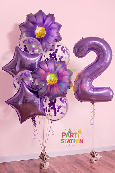 Parti Station Mor Papatya 2 Yaş Balon Set Mor Papatya Konsept Doğum Günü Balo...