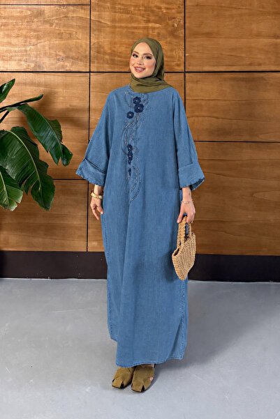 Miss Allos Women's Beaded Embroidered Bat Sleeve Denim Dress