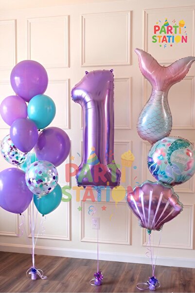 Parti Station Mor Rakam Balon 1 Yaş Deniz Kızı Temalı Doğum Günü Parti Kutlam...