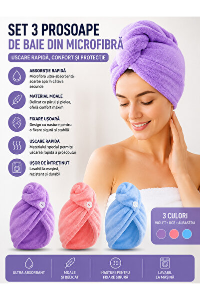 Regal Bliss Set de 3 prosoape de baie din microfibră, multicolore, cu nasture...