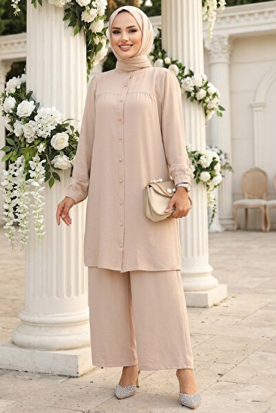 Neva Style Beige Hijab Double Set - Buttoned, 12172BEIGE