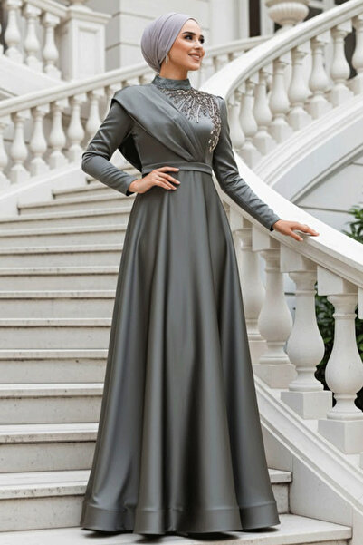 Neva Style Beaded Khaki Hijab Evening Dress 22441Hk