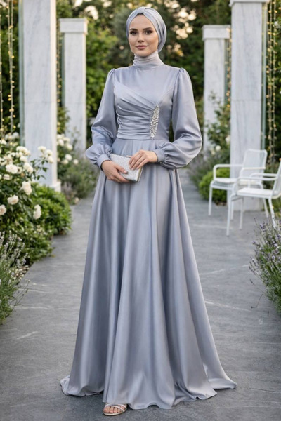 N.S NEVA STYLE Drape Detaylı Gri Tesettür Saten Abiye Elbise 6261GR