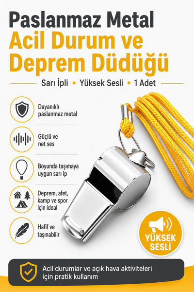 Impress Paslanmaz Metal Acil Durum ve Deprem Düdüğü, Sarı İpli Yüksek Sesli K...